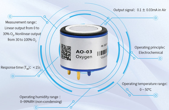AO-03 অক্সিজেন ইলেক্ট্রোকেমিক্যাল গ্যাস সেন্সর ছোট আকারের বায়ু পরীক্ষা উচ্চ কর্মক্ষমতা